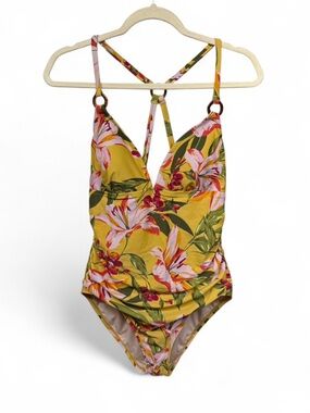 Kona Sol Womens Large Mustard Yellow Lily Floral One Piece Swimsuit Strappy Back